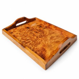 Three-quarter view of a glossy wooden serving tray with swirling grain, shallow raised sides and two cut-out handles.