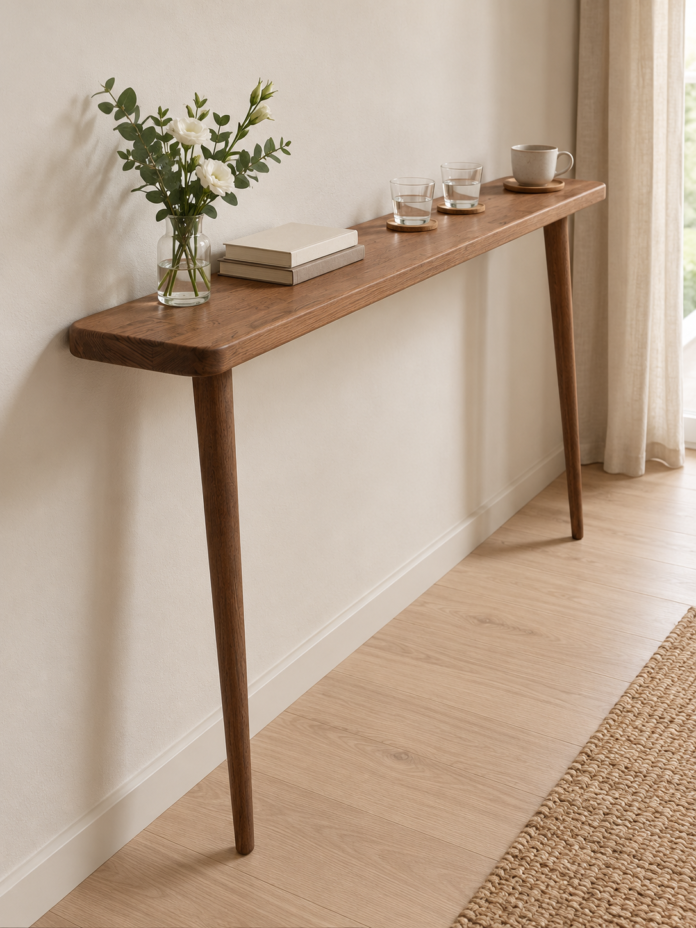 Slim wooden console table styled with flowers, stacked books and small decorative accessories