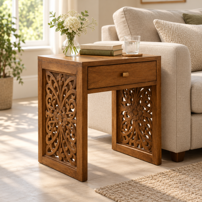 Wooden side table with carved panels and a drawer beside a cream sofa, styled with books and flowers