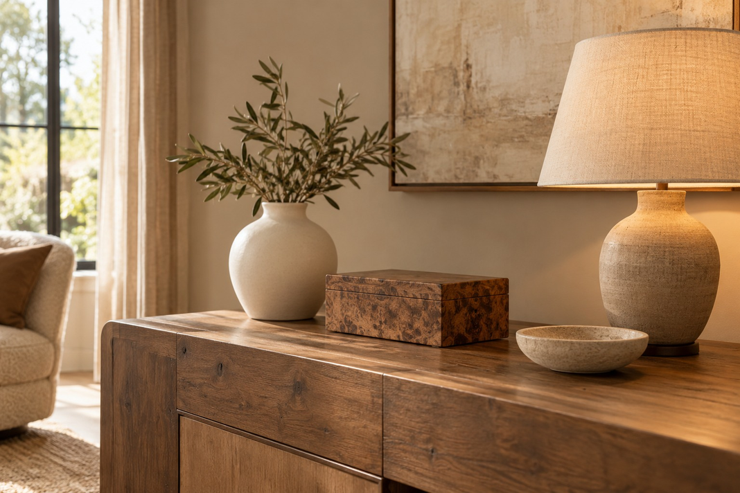 Wooden console styled with a decorative wooden box, ceramic vase, table lamp and shallow bowl