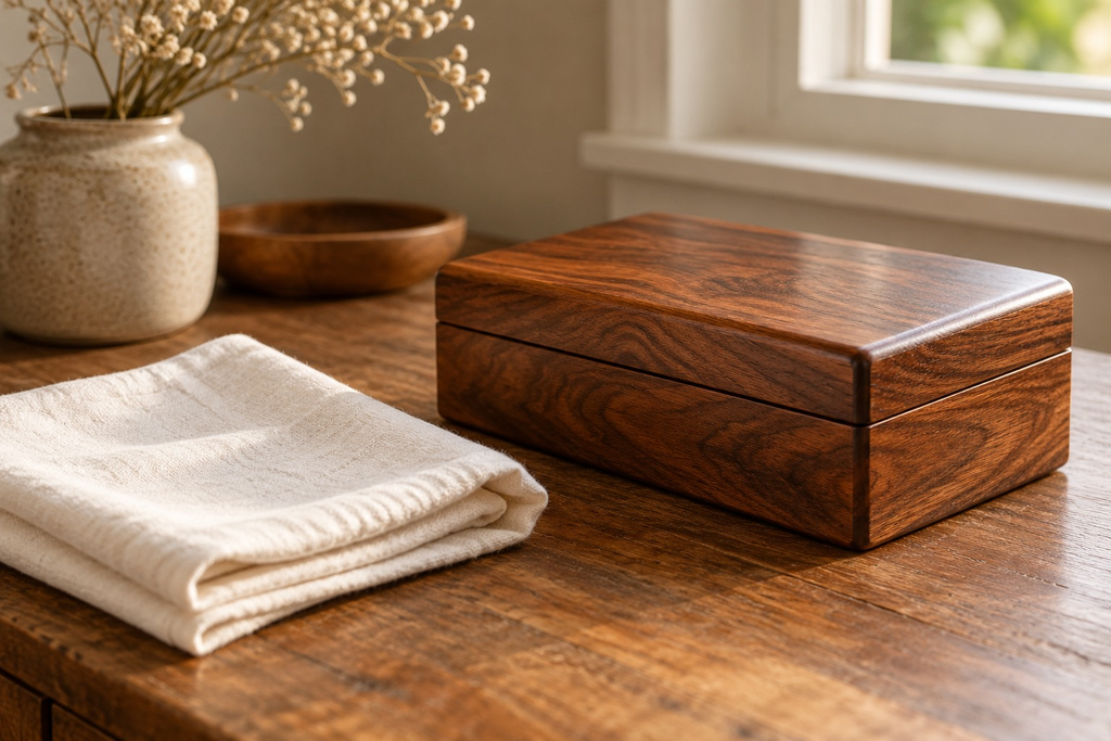 Soft folded cotton cloth beside a polished wooden keepsake box on a dry tabletop