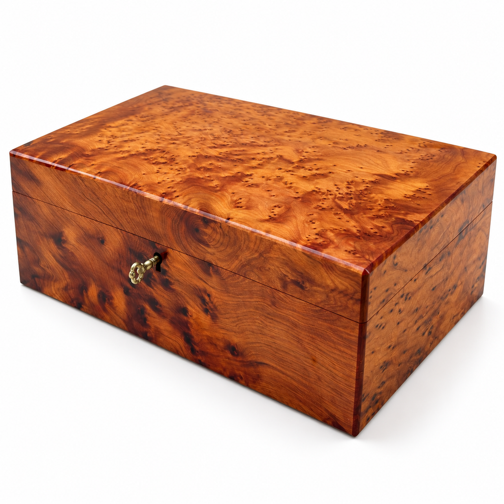  Polished burl wooden box with swirling amber grain on a white surface
