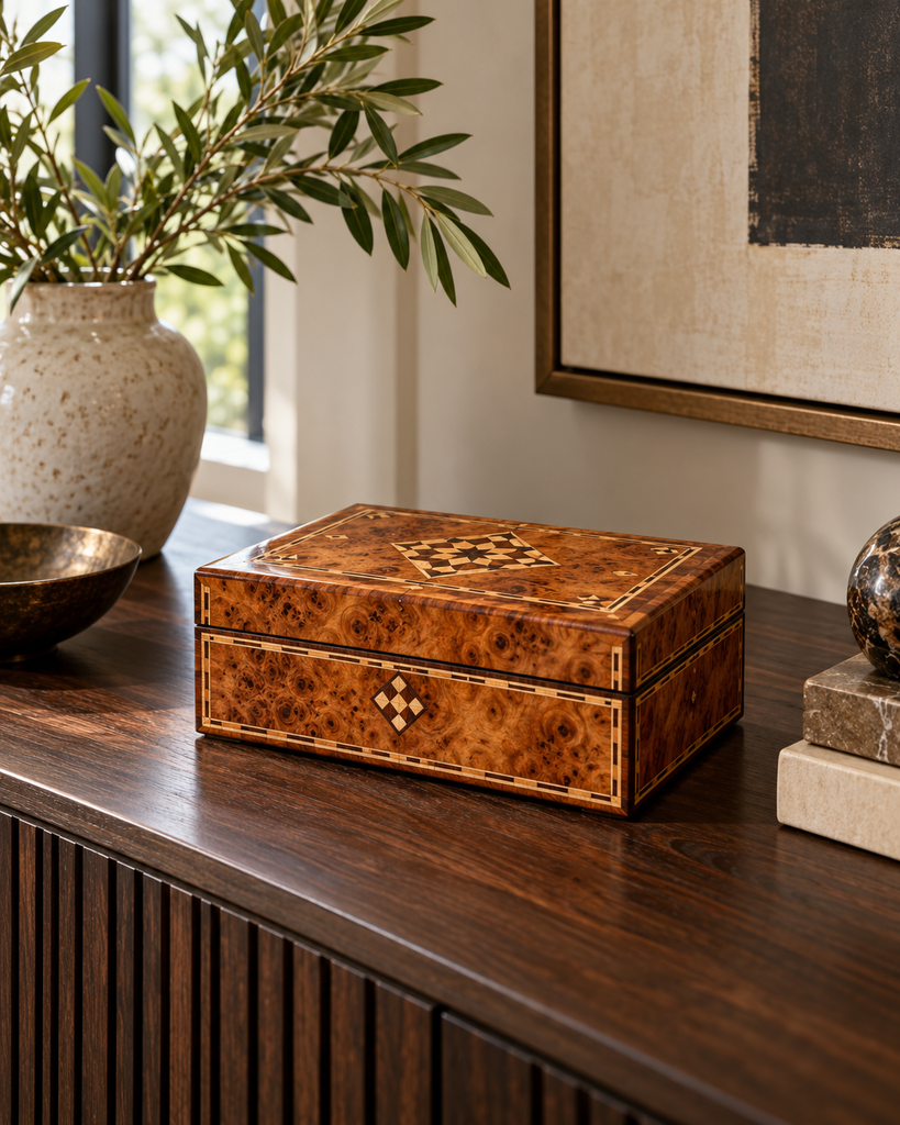 Thuya wood box with patterned grain displayed on a dark console beside a ceramic vase